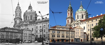 На фотографиях 1965 и 2021 годов открывается вид на нижнюю часть Малостранской площади и храм Святого Николая, который был построен в 1704–1755 годах.